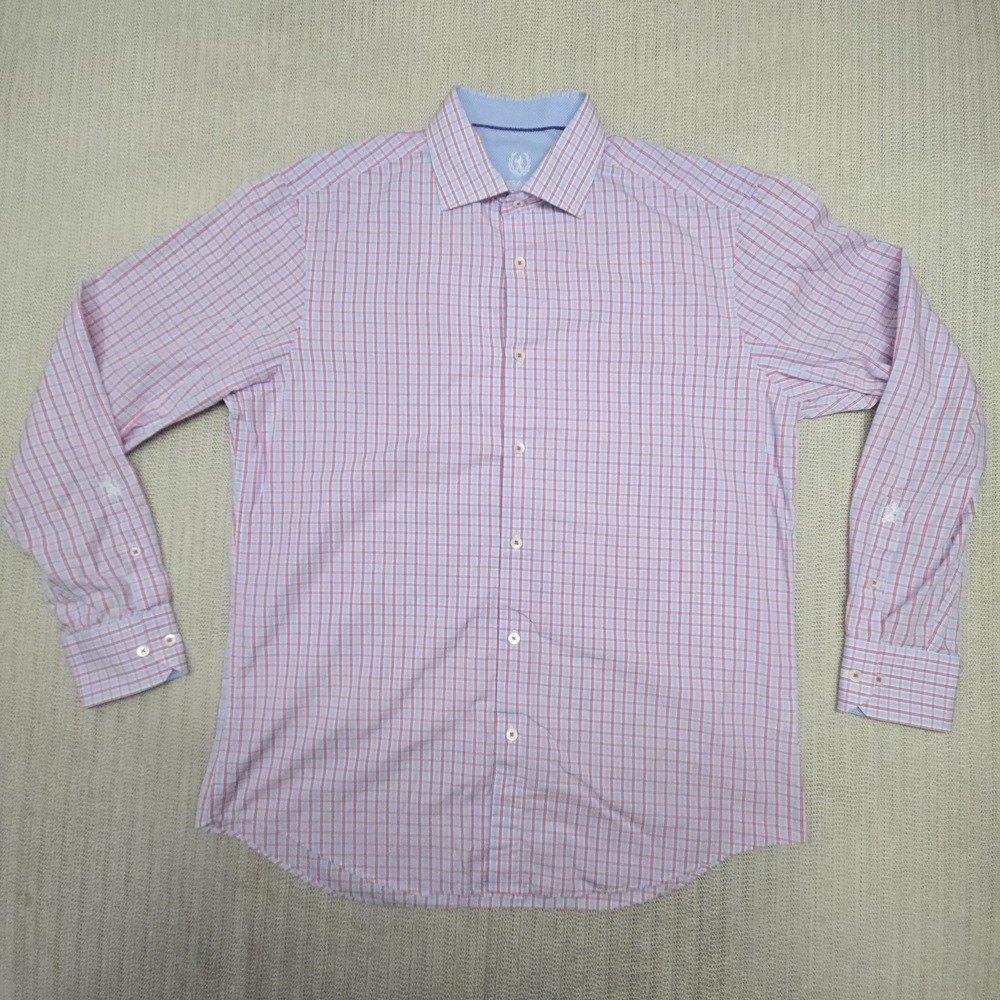 Bugatchi Shirt Mens 16.5 34/35 Pink Check Long Sleeve Classic Dress Button Up